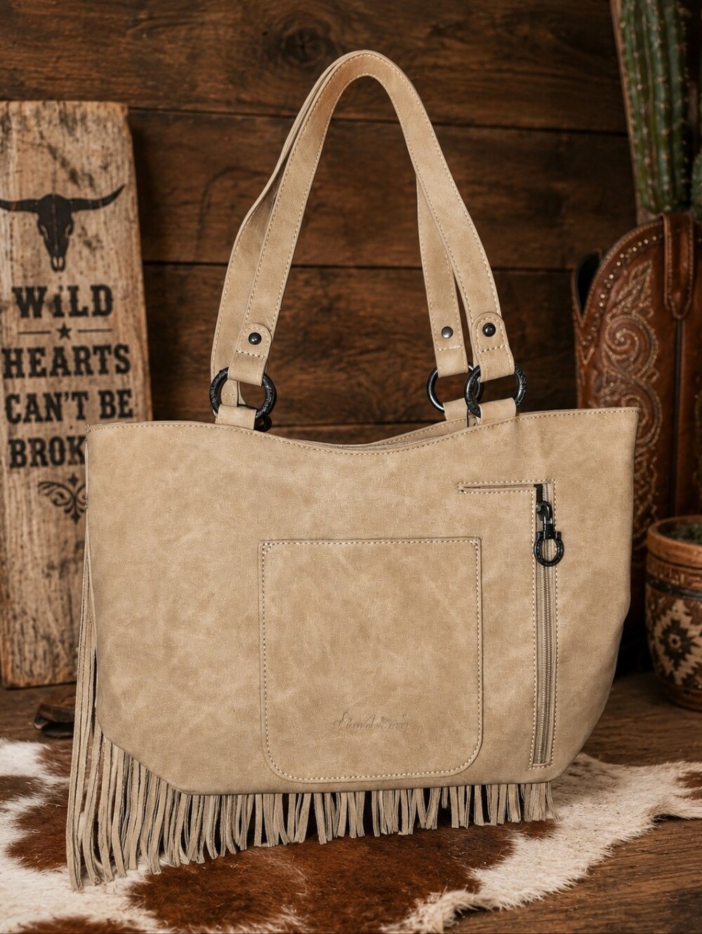 NWT Montana West Fringe Concealed Carry Tote Bag Western Purse Tan Boho - Picture 2 of 6